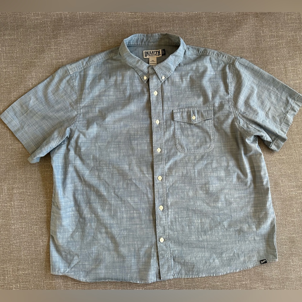 Duluth Trading Co Short Sleeve Button Down Shirt 2XL‎ Relaxed Fit Untucked Blue